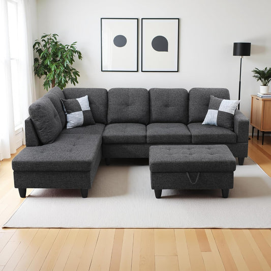 L Shaped Couch Modern Sectional Couch Upholstered Flannel Fabric 3 Pieces Sofas for Living Room with Chaise, Storage Ottoman for Office and Small Apartment, Black Grey