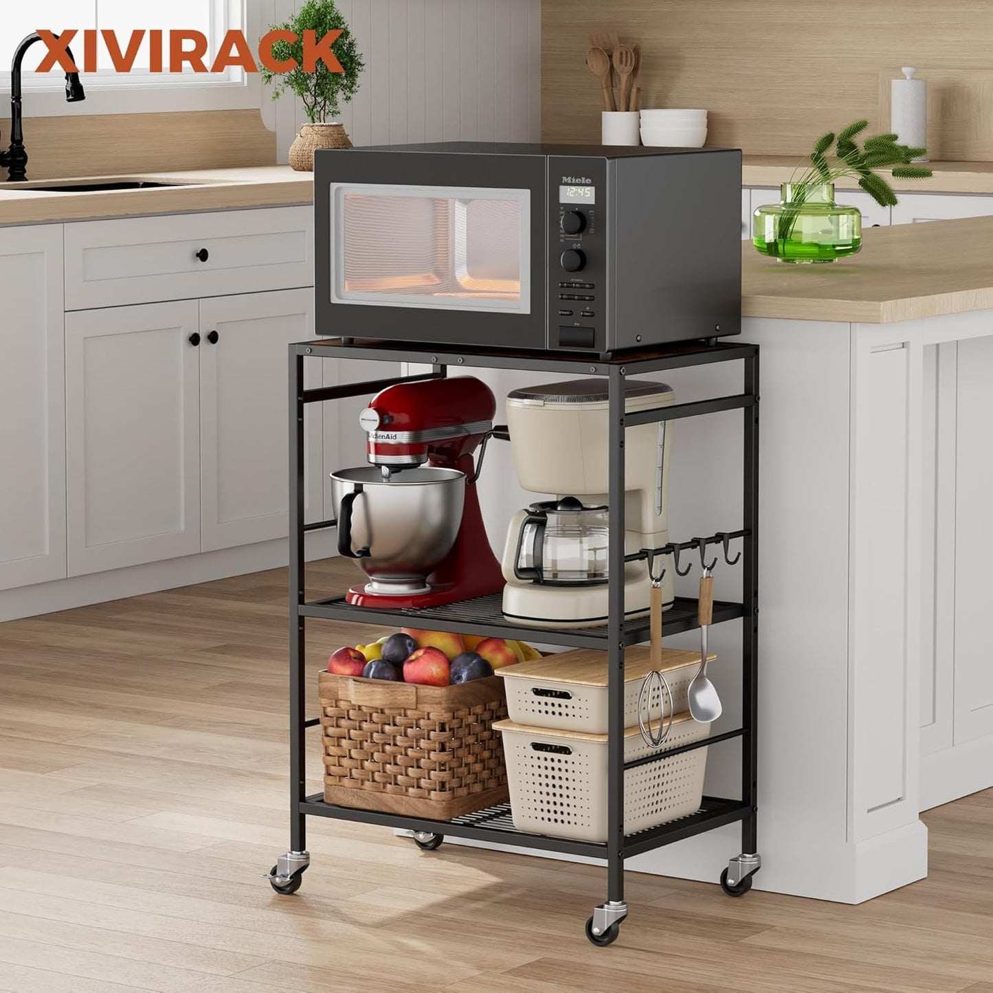 3-Tier Kitchen Cart with Adjustable Shelves - Microwave Storage Cart & Utility Rolling Organizer, Industrial Wheels for Small Spaces, 15.7"x23.6"x33.7" Kitchen Office Living Room Metal Rack