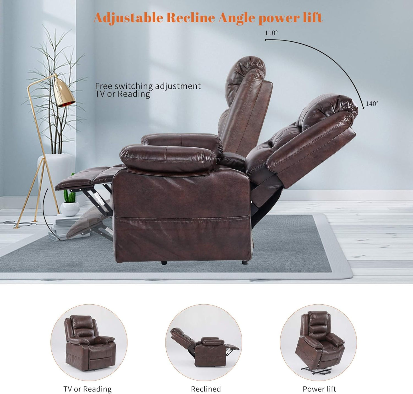 S*MAX Lift Chairs Recliners for Elderly Power Recliner Chairs Full Air Leather Electric Recliner Chairs Side Pockets USB Charge Port and Remote Control Power Lift Recliners Brown