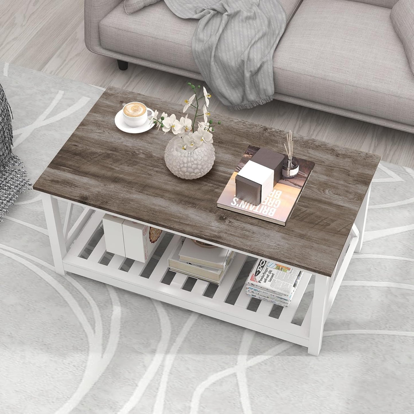 Farmhouse Coffee Table for Living Room, 2-Tier Rectangular Wooden Centre Cocktail Table with Slats Shelf Storage and V-Shaped Frame, Oak Grey