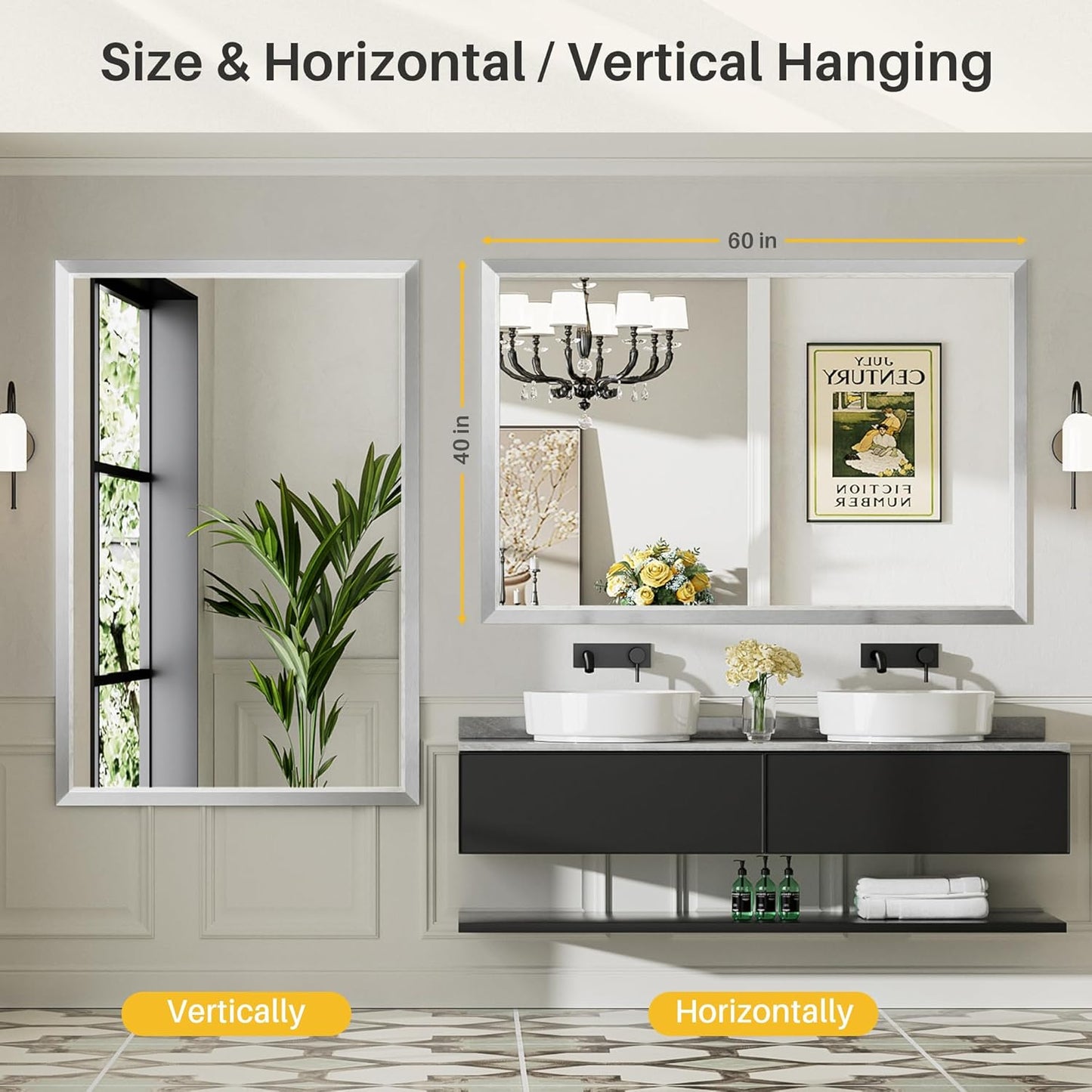 60x40 Inch Silver Bathroom Mirror for Wall, Thick Metal Framed Rectangle Mirrors for Over Sink, Bedroom, Living Room, Entryway, Anti-Rust, HD Tempered Glass