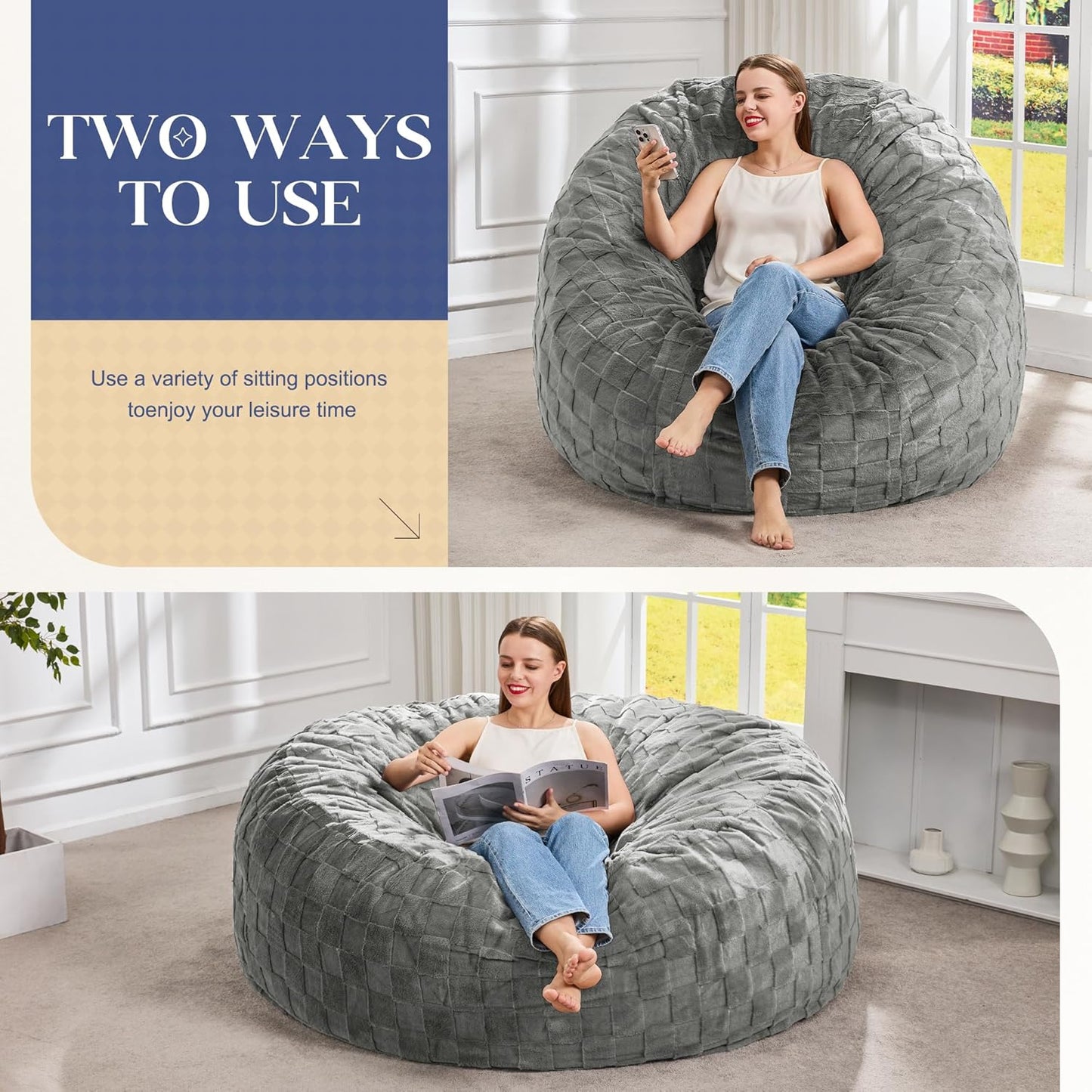 Hobestluk Bean Bag Chairs Beanbag Chair with Filler Adult Bean Bags with Fluffy Plaid Cover, Giant Bean Bag Chairs for Adults for Living Room, Bedroom (Grey, 5FT - 50” x 50” x 24”)