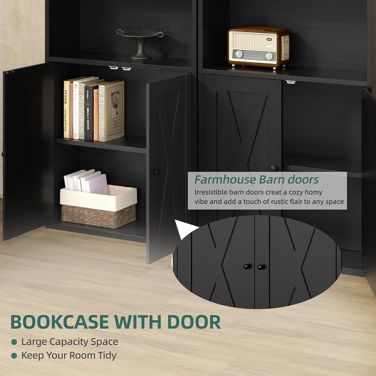 Shintenchi Bookshelf, Industrial Bookshelves and Bookcases with Doors Floor Standing 6 Shelf Display Storage Shelves 70.6 inches Tall Bookcase for Home Office, Living Room (Black)