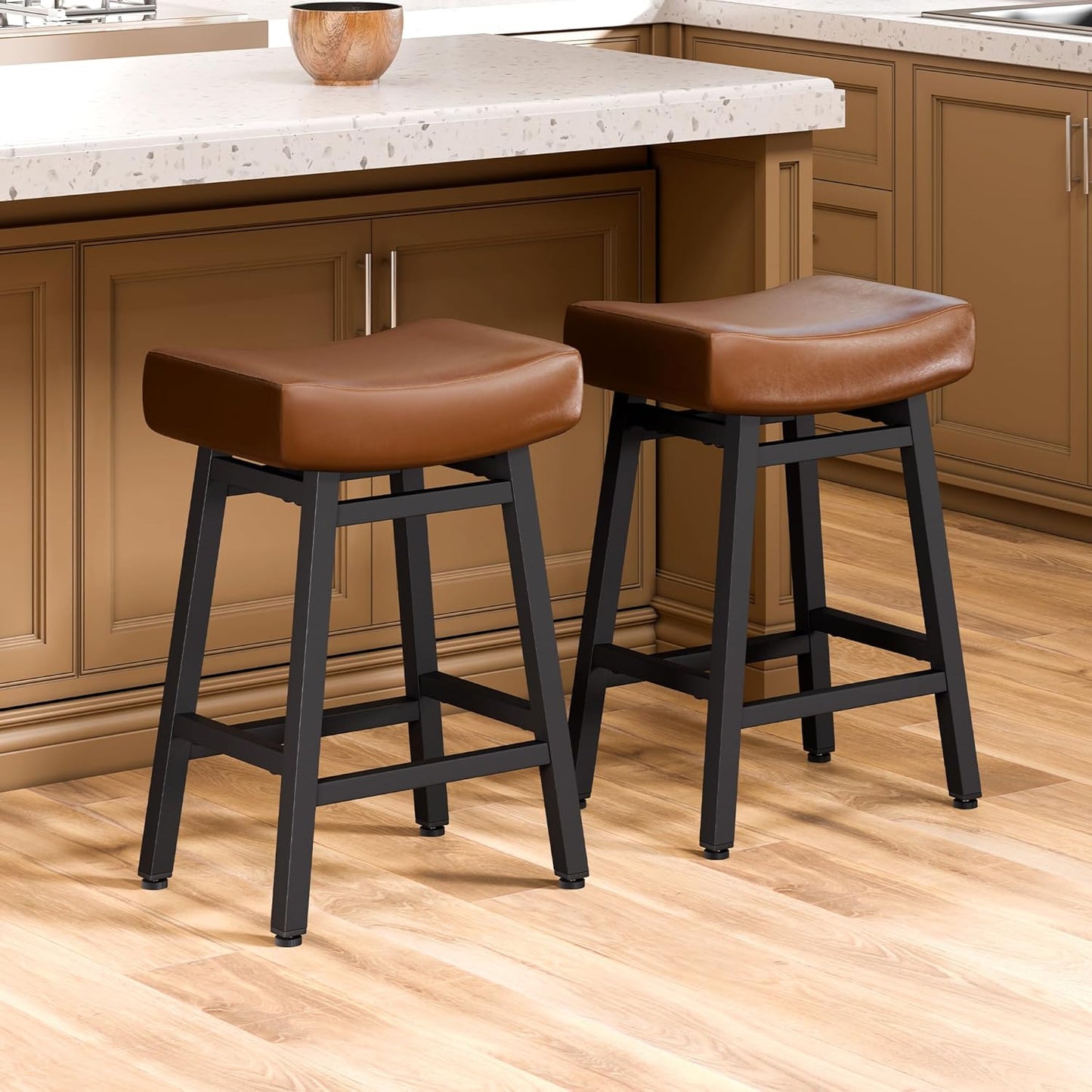 Counter Height Bar Stools Set of 2, 24 Inch Backless BarStools for Kitchen Island Leather Saddle Bar Chairs Kitchen Stools with 4" Thick Seats & Heavy Duty Metal Base, Brown