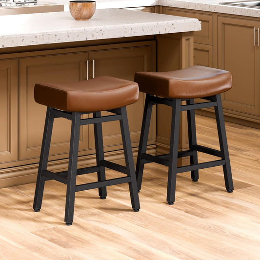 Counter Height Bar Stools Set of 2, 24 Inch Backless BarStools for Kitchen Island Leather Saddle Bar Chairs Kitchen Stools with 4" Thick Seats & Heavy Duty Metal Base, Brown