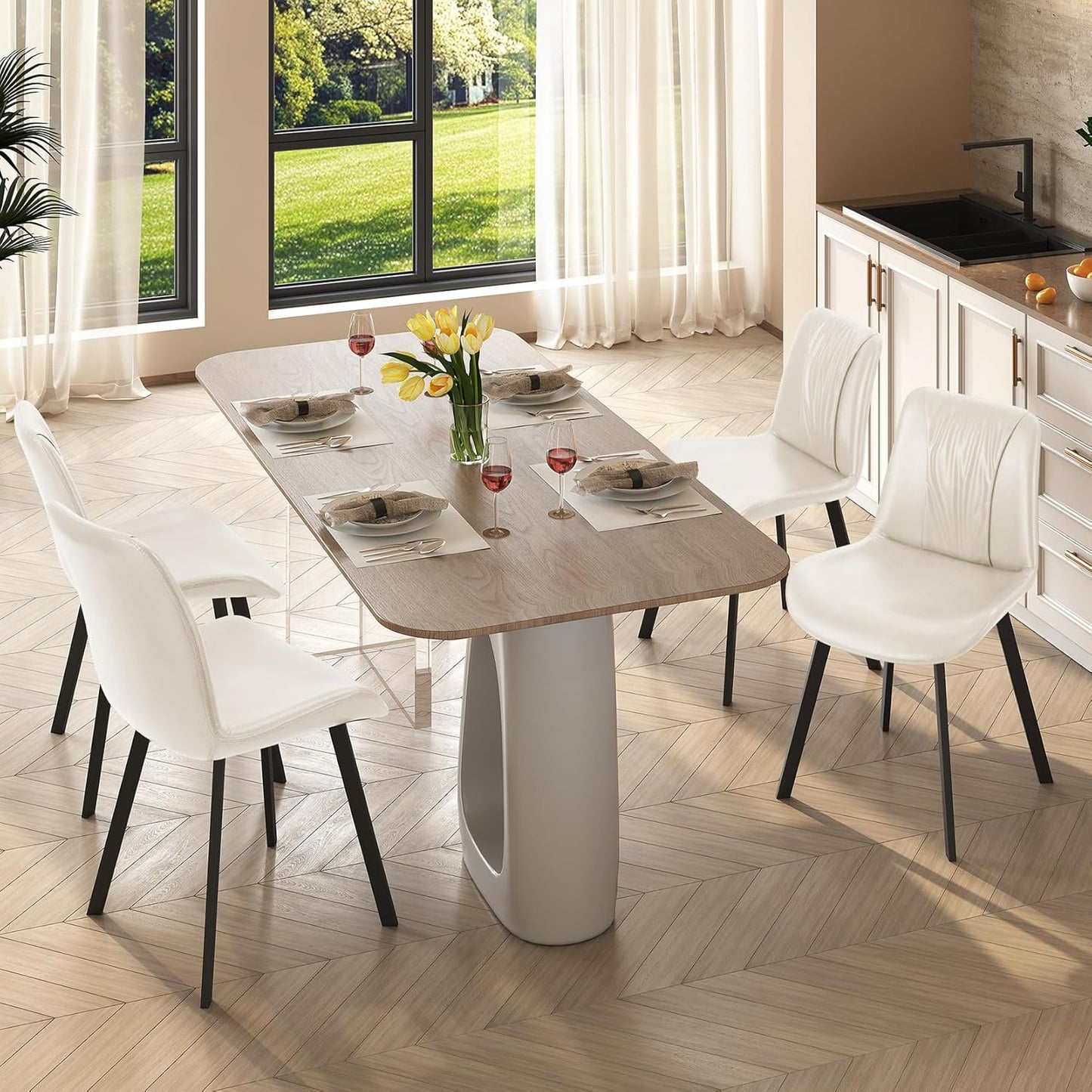 Upholstered Dining Chairs Set of 2, Modern Kitchen & Dining Room Chairs, Faux Leather, Sturdy Metal Legs, for Living Room, Cafe & Restaurant- White