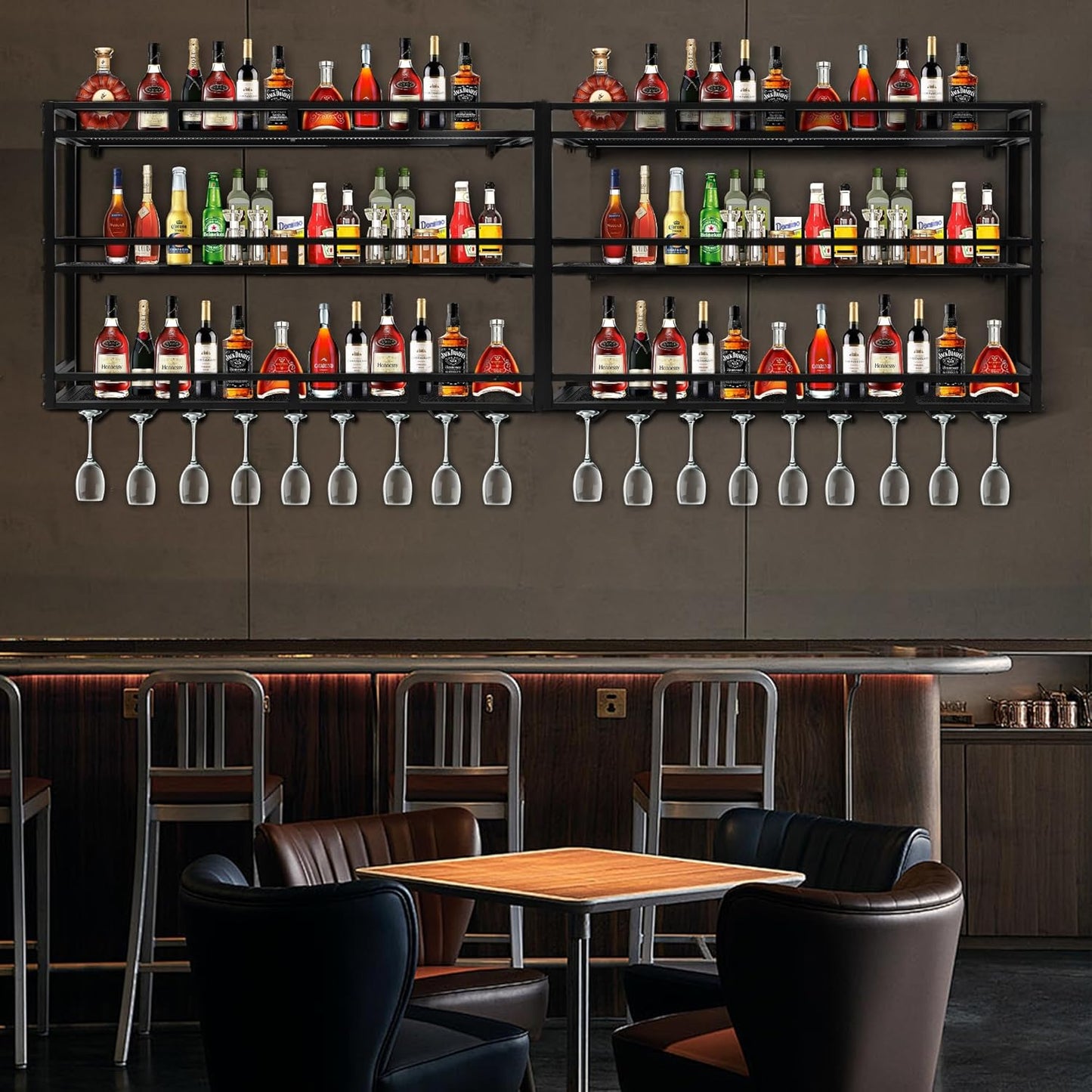 Metal Wine Rack Wall Mounted, Bar Shelves for Liquor Bottles with LED Light, 3 Tier Large Capacity Liquor Rack Wall Mounted with Glass Holder for Home Bar & Dining Room （Black, 31in/80cm）