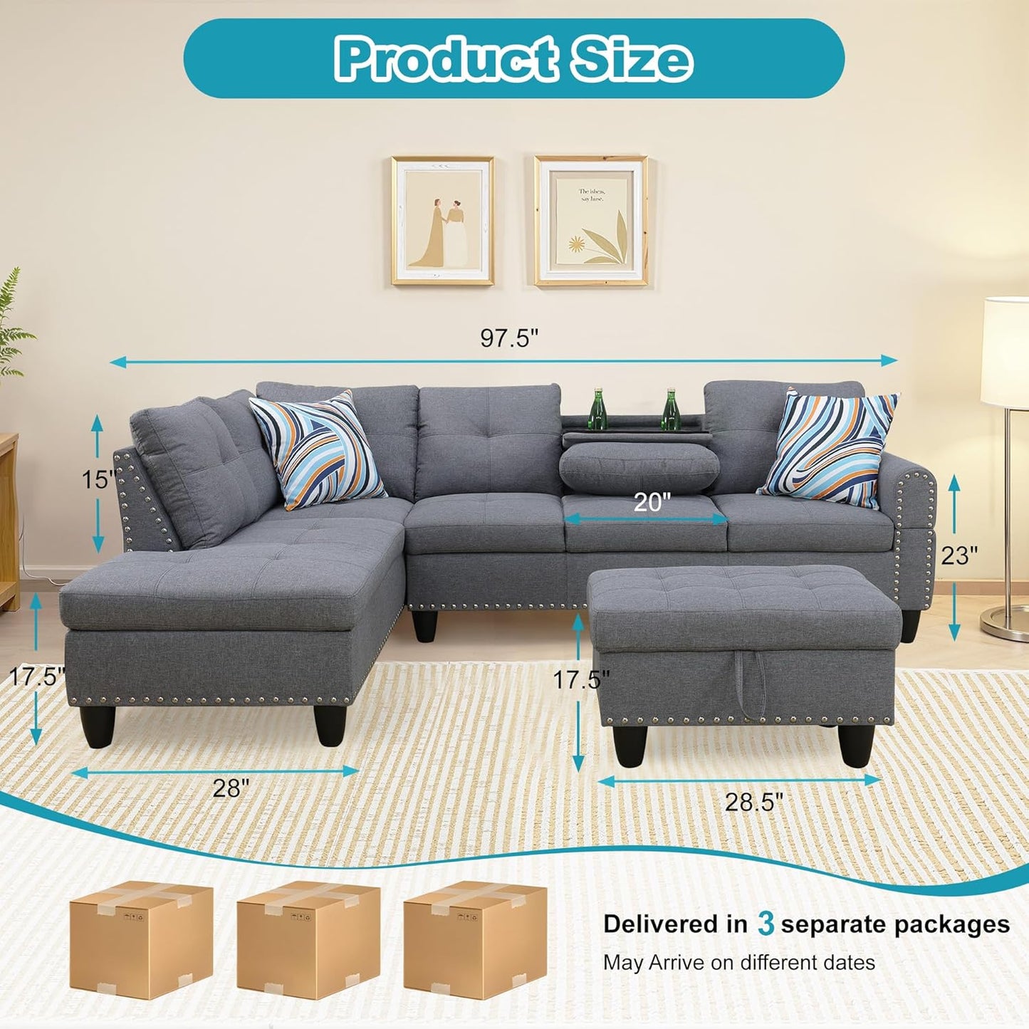 L Shaped Couch Modern Sectional Couch Upholstered Linen Fabric 3 Pieces Sofas for Living Room with Chaise, Storage Ottoman for Office and Small Apartment, Charcoal