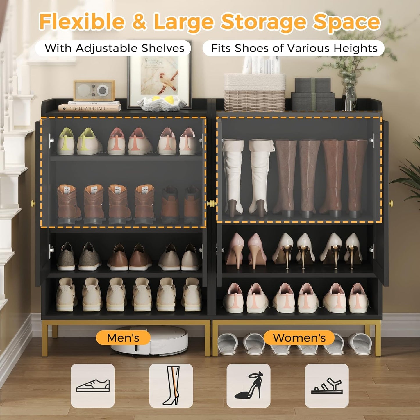 Rattan Shoe Cabinet Storage for Entryway, Shoe Cabinet with Adjustable Shelves for Entryway, 5-Tier, 20 Pair Shoe Rack Storage for Hallway, Closet, Living Room, Black