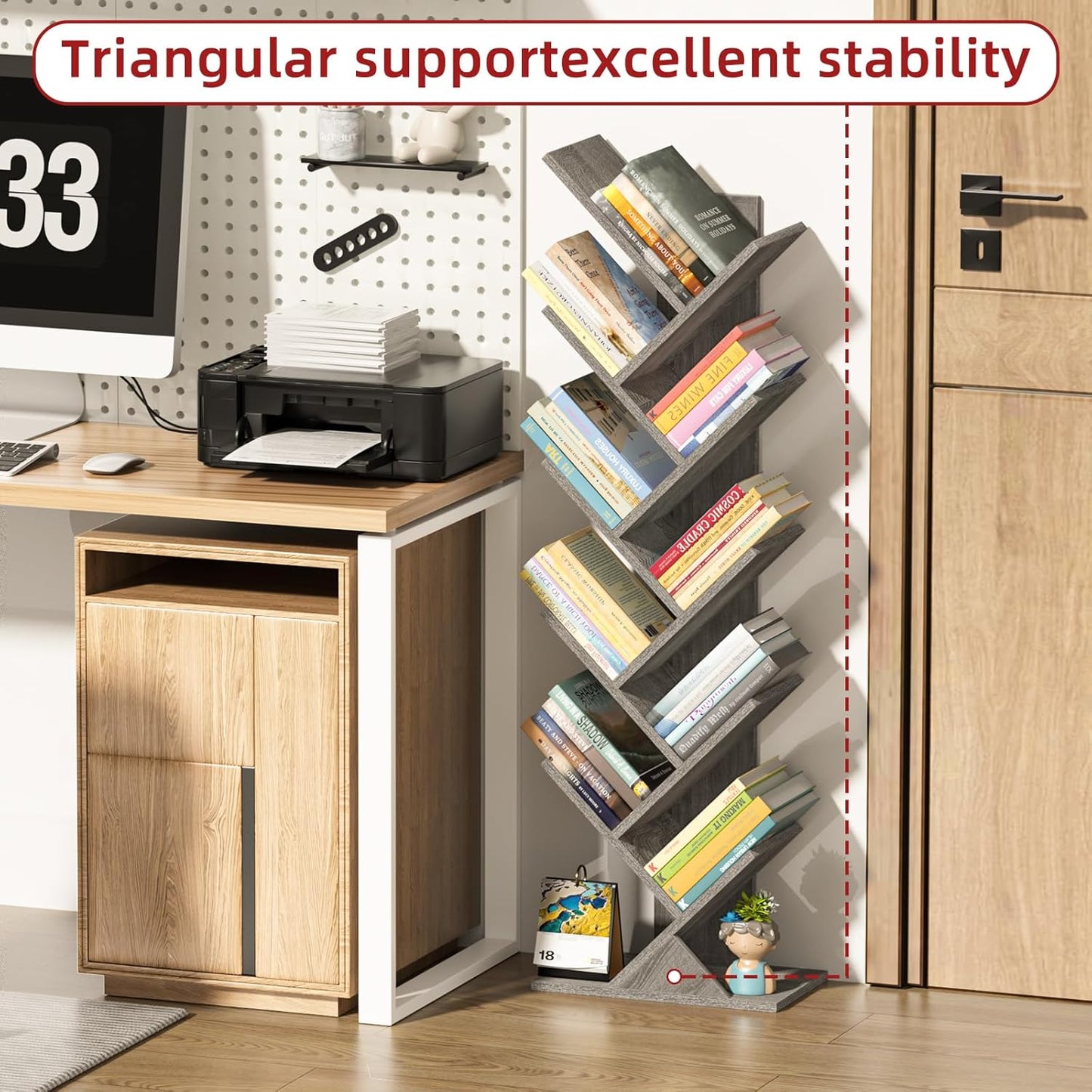 10 Tier Tree Book Shelf, Floor Standing Wood Bookshelf for Narrow Space, Storage Organizer Bookshelves for Books/CDs/Magazine, Bookcase with Shelves for Home Office, Living Room - Light Grey