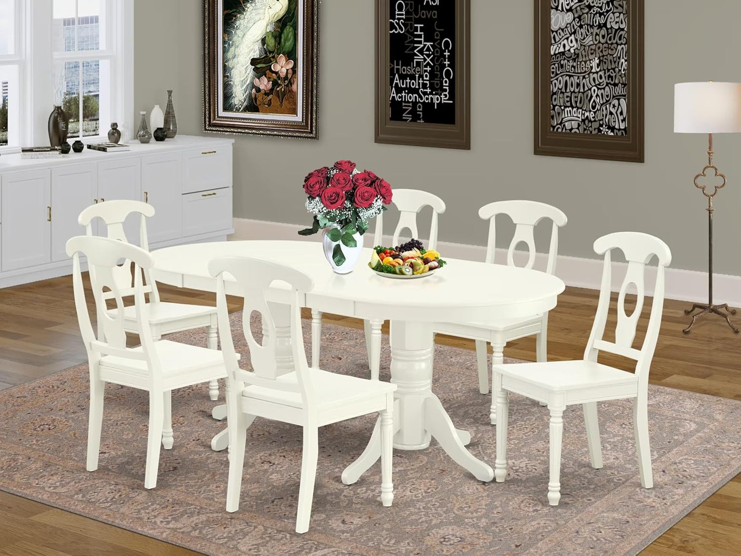 East West Furniture VAKE7-LWH-W 7 Piece Dining Set Consist of an Oval Dining Table with Butterfly Leaf and 6 Kitchen Chairs, 40x76 Inch, Linen White