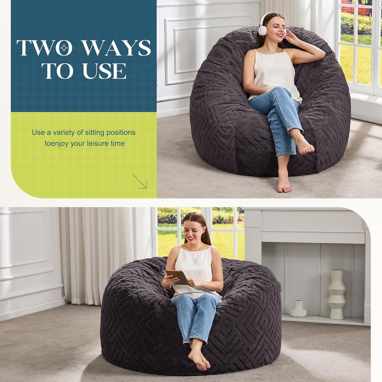 Hobestluk Bean Bag Chairs Adults Beanbag Chair with Filler Large Bean Bags with Fluffy Embossed Cover, Giant Bean Bag Chairs for Adults (Dark Grey, 4FT - 44” x 44” x 24”)