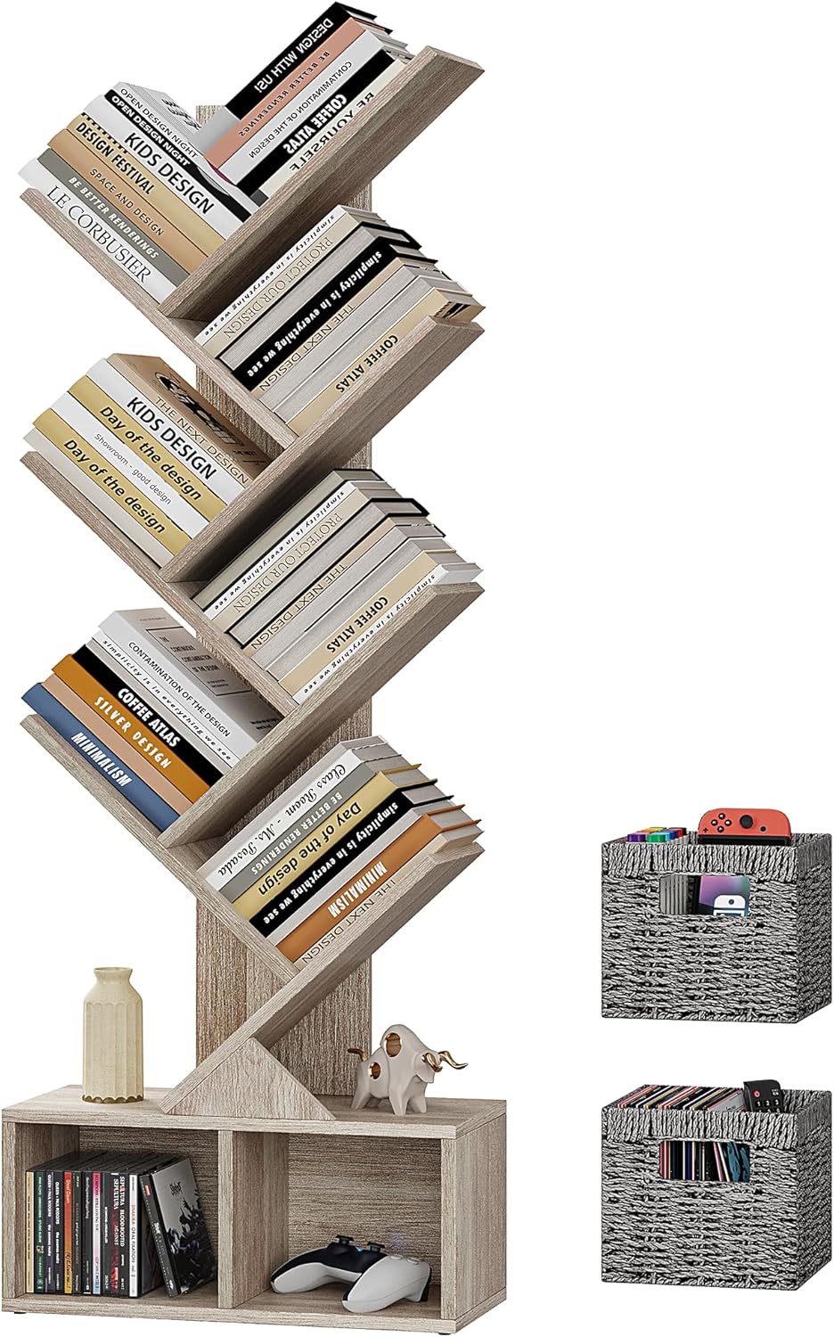 Vagusicc 6 Tier Tree Bookshelf, Small Bookcase with Storage Cabinet, Modern Tall Narrow Bookshelves Organizer, Floor Standing Book Shelf for Bedroom/Living Room/Home Office/Corner, Rustic Greige