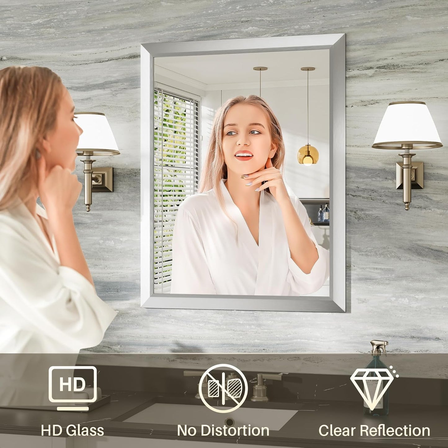 24x32 Inch Silver Bathroom Mirror for Wall, Thick Metal Framed Rectangle Mirrors for Over Sink, Bedroom, Living Room, Entryway, Anti-Rust, HD Tempered Glass