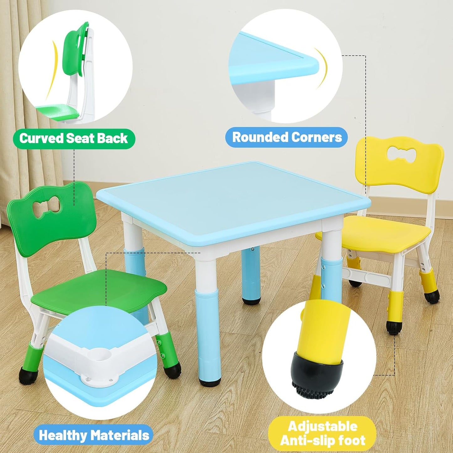FUNLIO Kids Table and 2 Chairs Set, Height Adjustable Toddler Table and Chair Set for Ages 3-8, Easy to Wipe Arts & Crafts Table, for Classrooms/Daycares/Homes, CPC & CE Approved, Multi-Color