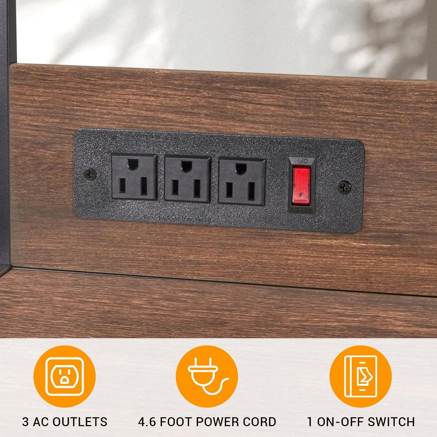 Bakers Rack with Power Outlet, Microwave Stand with Storage, Coffee Bar Organizer Cabinet with Wire Basket, Kitchen Shelf for Spices, 10 Hooks, Industrial, Brown