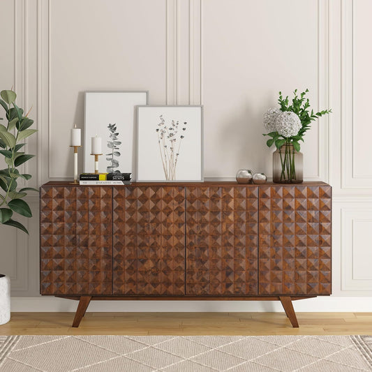 NTC Sapa Mid-Century Modern Solid Wood Sideboard – 4-Door Accent Buffet Cabinet with Carved Geometric Fronts, for Living Room, Dining Room, or Entryway, Effortless Assembly, Dark Walnut