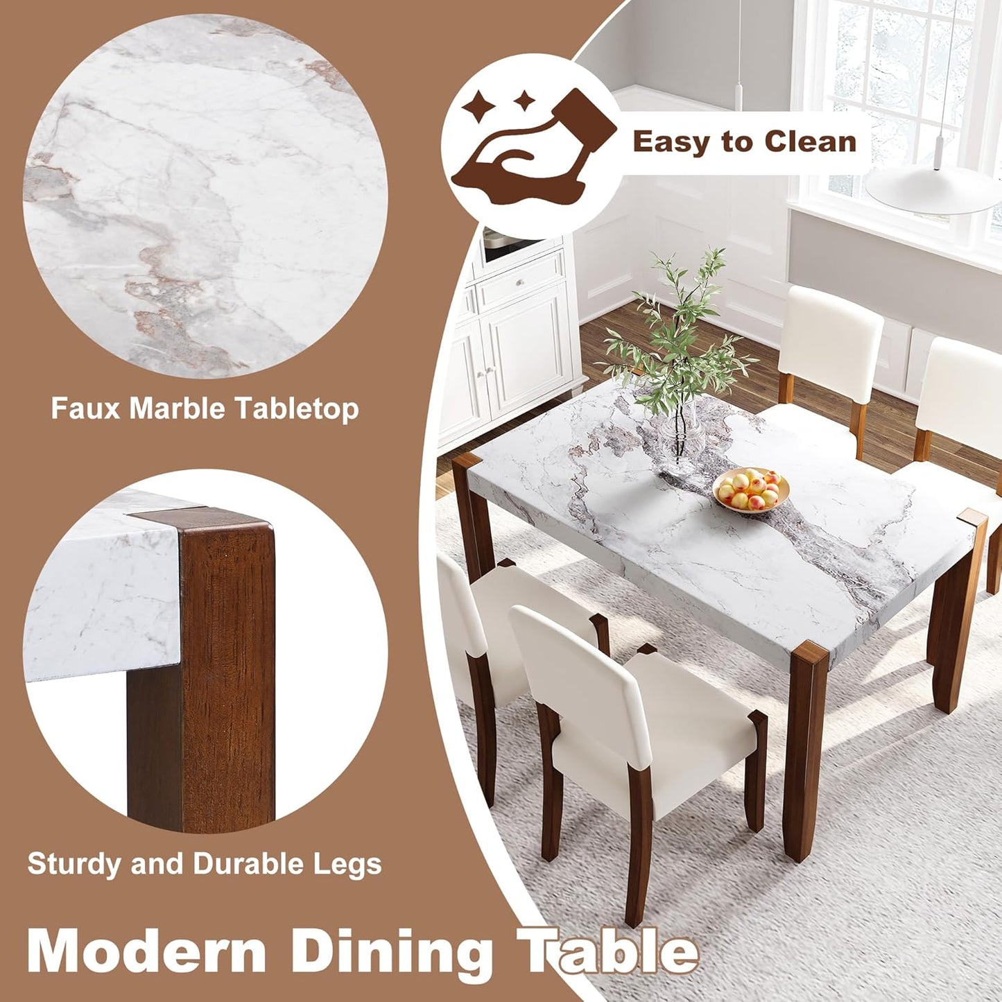 Ball & Cast 5 Piece Dining Table Set with 4 Upholstered Chairs,Wooden Living Room Furniture W/ 46" Faux Marble Style Desk,for Restaurant,Home Bistro,Off White