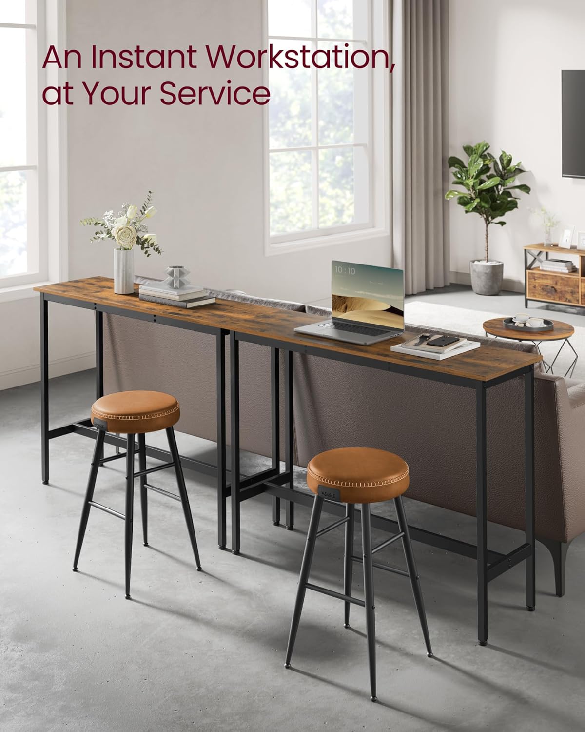 VASAGLE Bar Table, Narrow Long Kitchen Dining Table, Sturdy Metal Frame, Industrial, 15.7 x 47.2 x 35.4 Inches, Rustic Brown and Ink Black ULBT120B01