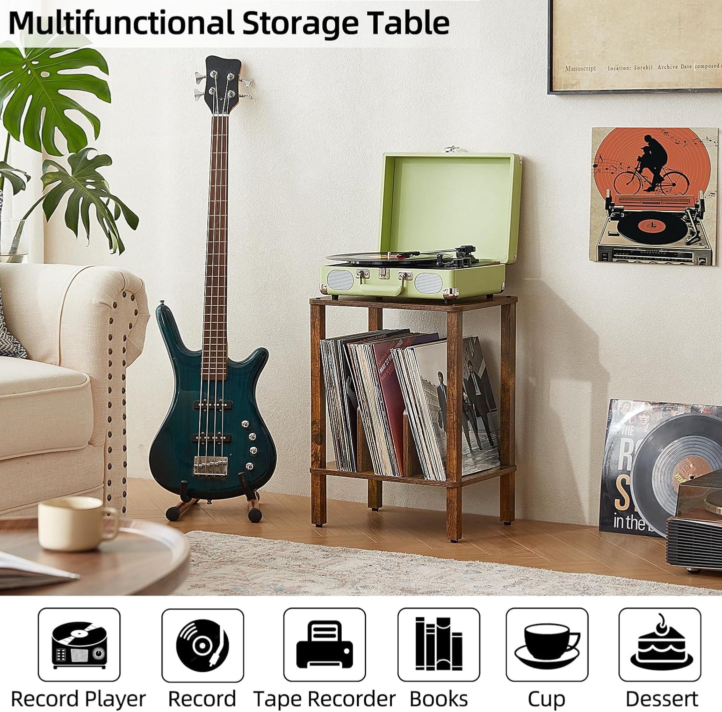 LELELINKY 2-Tier Bamboo Record Player Stand Set of 2 with Vinyl Record Storage up to 100 Albums, Boho Bedroom Record Holder and Multi-Functional End Table for Living Room, Brown