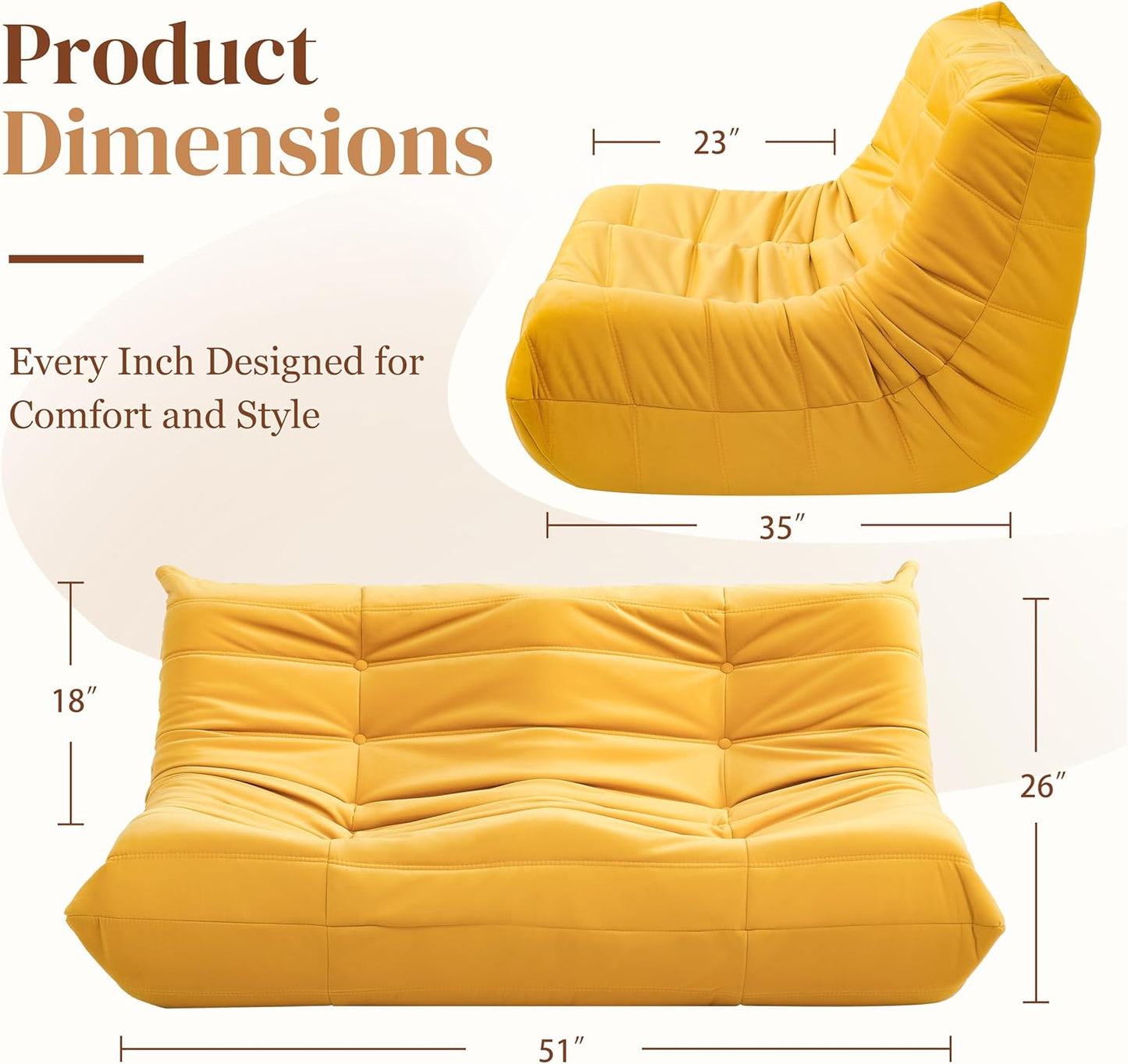 Bean Bag Chair, Loveseat Fireside Chair Bean Bag Sofa for Adults, 2 Seater Bean Bag Chairs for Teens with High-Resilience Foam, Memory Foam Bean Bag for Living Room, Bedroom, Office (Suede, Yellow)