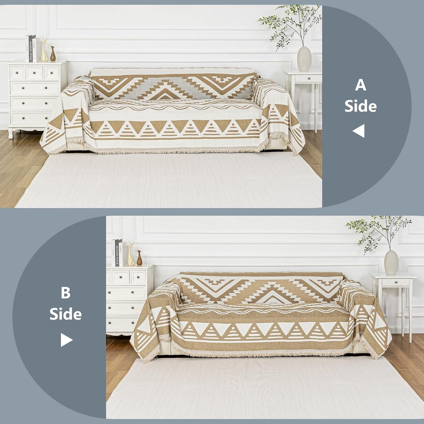 MYSKY HOME Sectional Couch Cover Khaki Boho Geometric Sofa Covers for Sectional Sofa L Shape Chenille Couch Protector for Dogs Pets Couch Throw Cover Washable Durable for Home Decor, 71" X118"