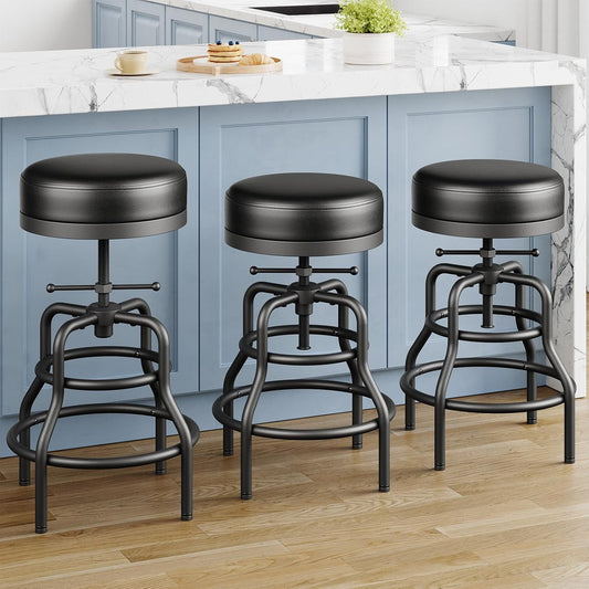 Adjustable Height Swivel Bar Stools Set of 3, 22-29 Inch Industrial Vintage Bar Counter Height Stools with Thicken Premium Bonded Leather Seats & Updated Footrests, Easy Assembly, Black