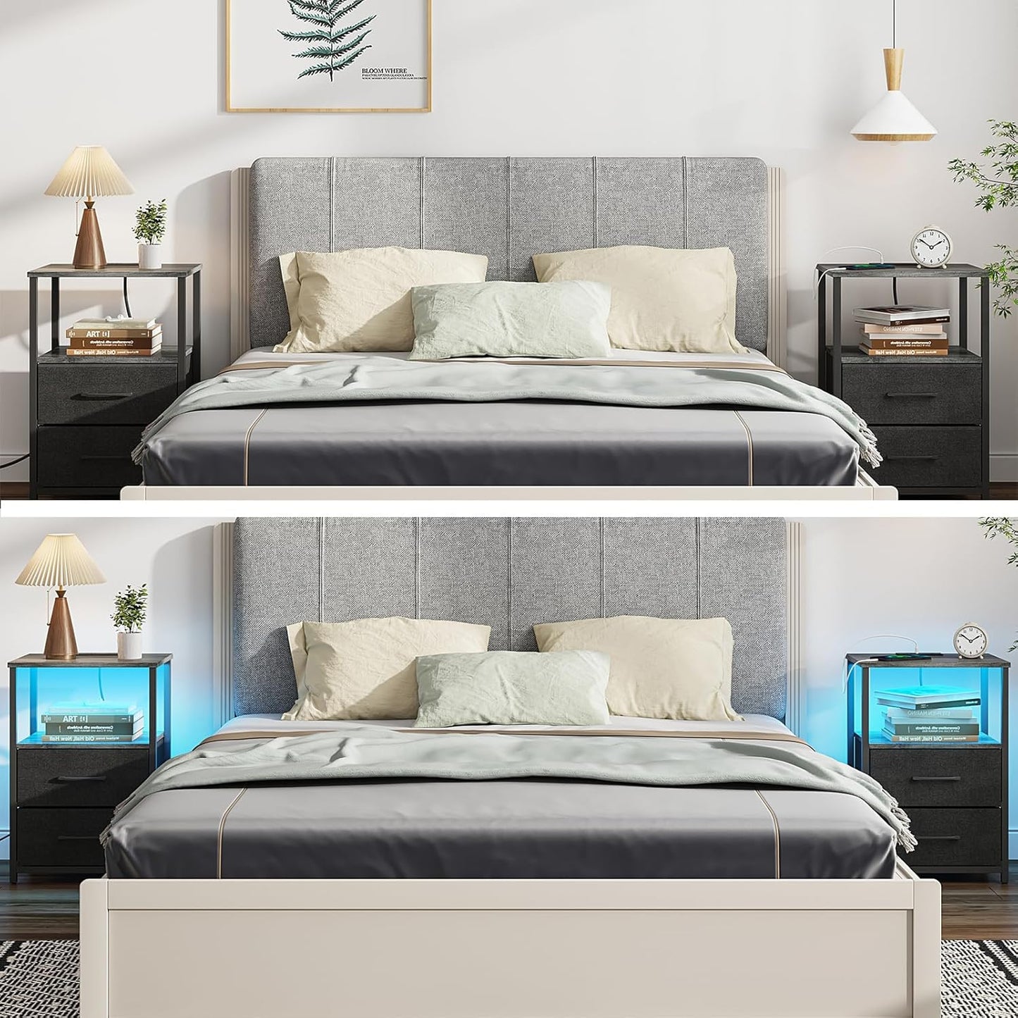 TUTOTAK LED End Table with Charging Station, Night Stand, Side Table with 2 USB Ports and Outlets, Nightstand with Cloth Drawer, Bedside Table for Livingroom, Bedroom Charcoal Grey TB01BY088L