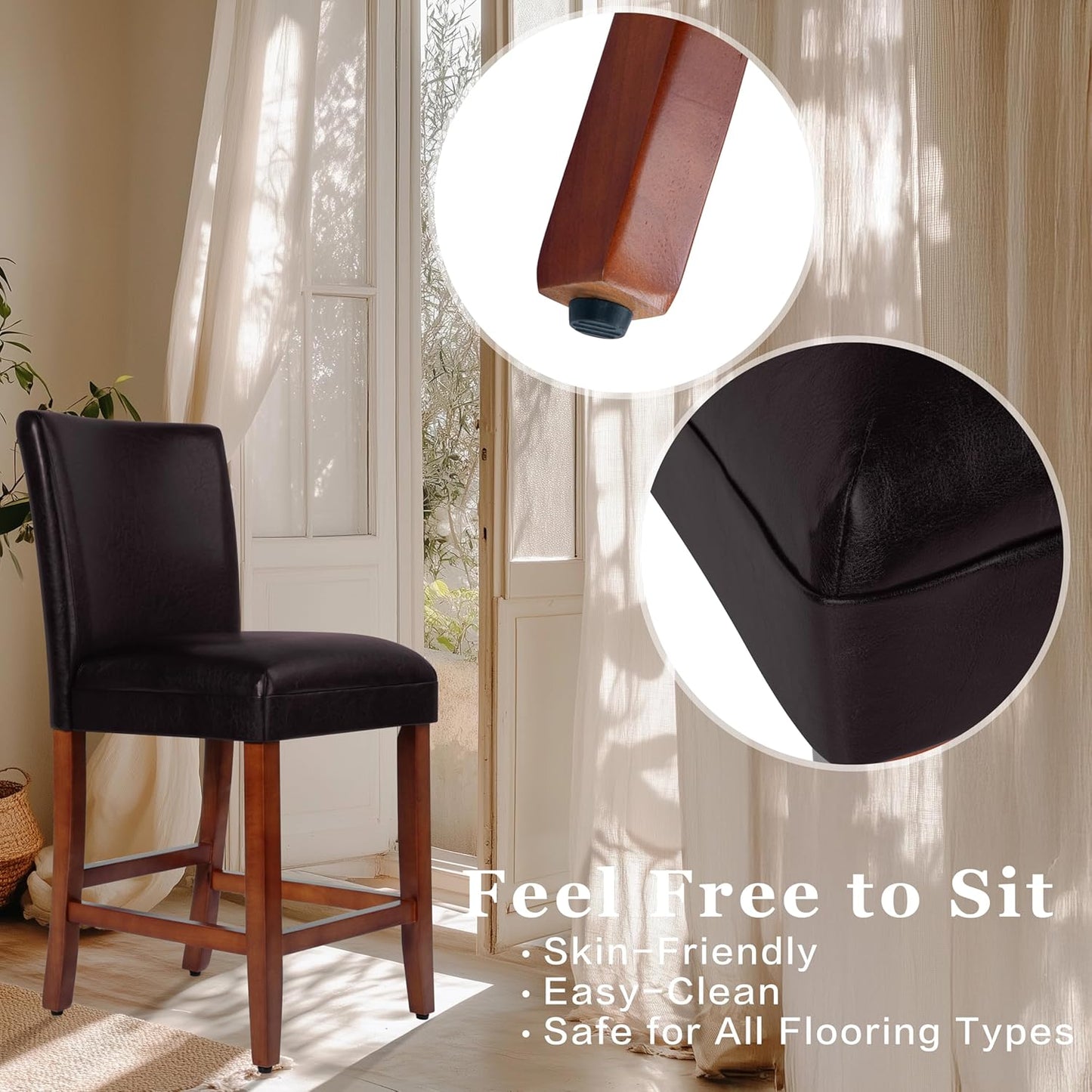 Homepop Home Decor | Classic Counter Height Bar Stools | Faux Leather 24 Inch Bar Stools | Decorative Home Furniture (Brown Faux)