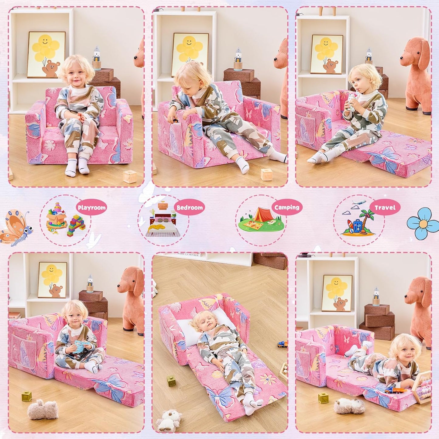 Toddler Chair Comfy,2-in-1 Soft Toddler Couch Fold Out for Kids,Convertible Sofa to Lounger,Gift for Girls and Boys Birthday,Butterfly