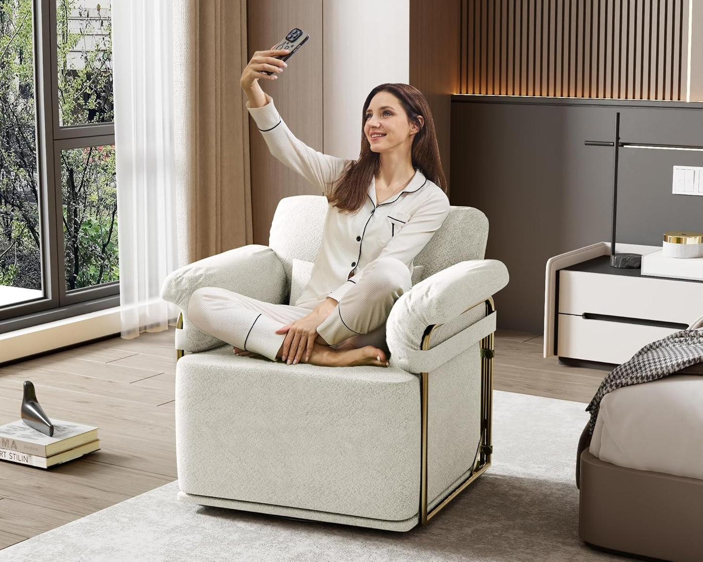 KEIKI Modern Comfy Swivel Accent Reading Chair with Waist Pillows, 360°Square Upholstered Barrel Armchair Single Club Lounge Sofa Chairs for Living Room,Bedroom,Office,Beige