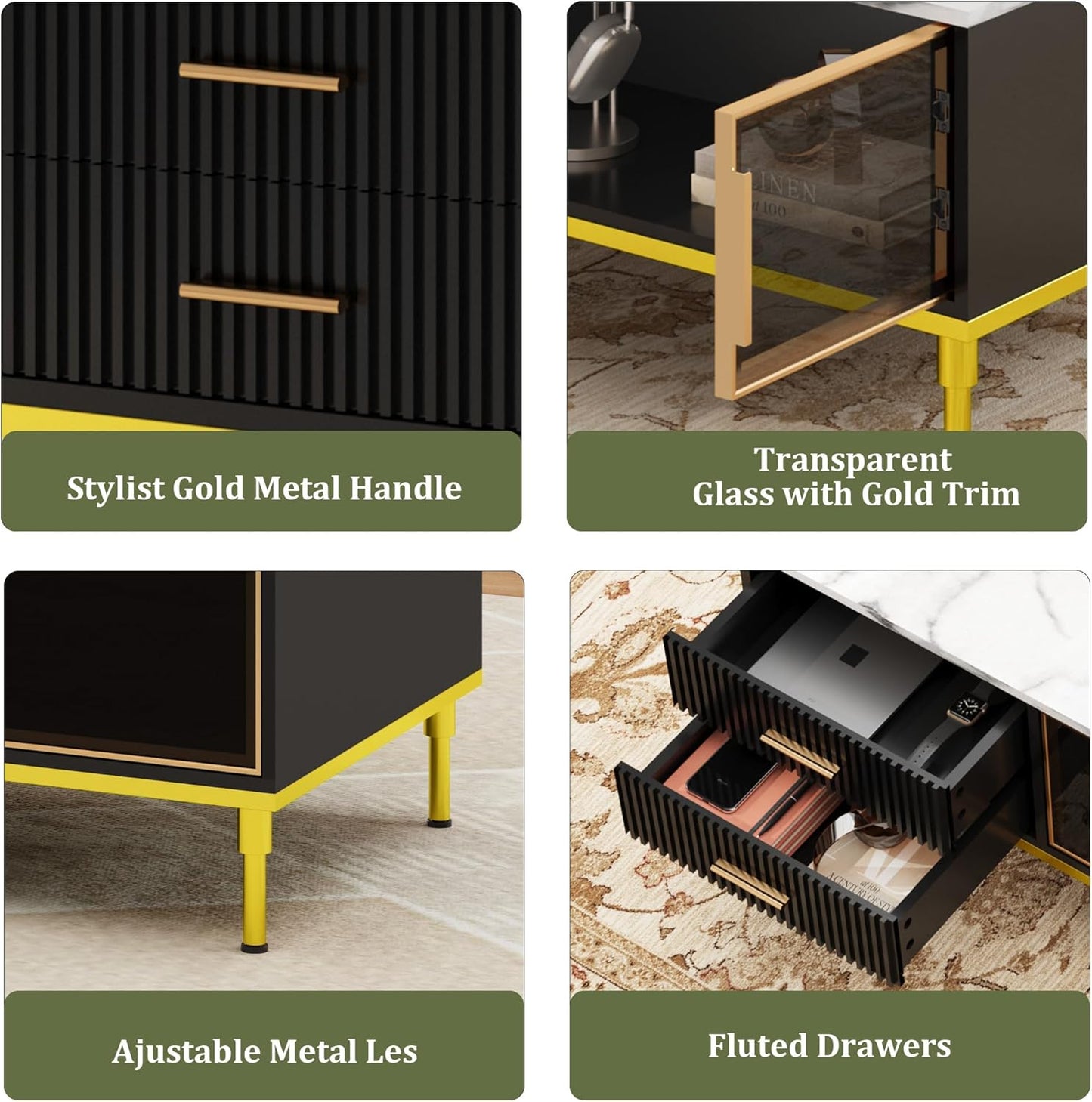 GAOMON Coffee Table for Living Room, Faux Marble Coffee Table with 4 Drawers and Glass Doors Storage, Modern Aesthetic Fluted Panel Design,Black & Gold