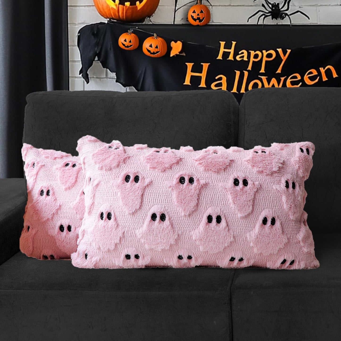 4TH Emotion Halloween Ghost Decorative Lumbar Pillow Covers 12x20 Set of 2, Pink Soft Plush Faux Fur Farmhouse Throw Cushion Cases for Fall Autumn Holiday Home Decorations