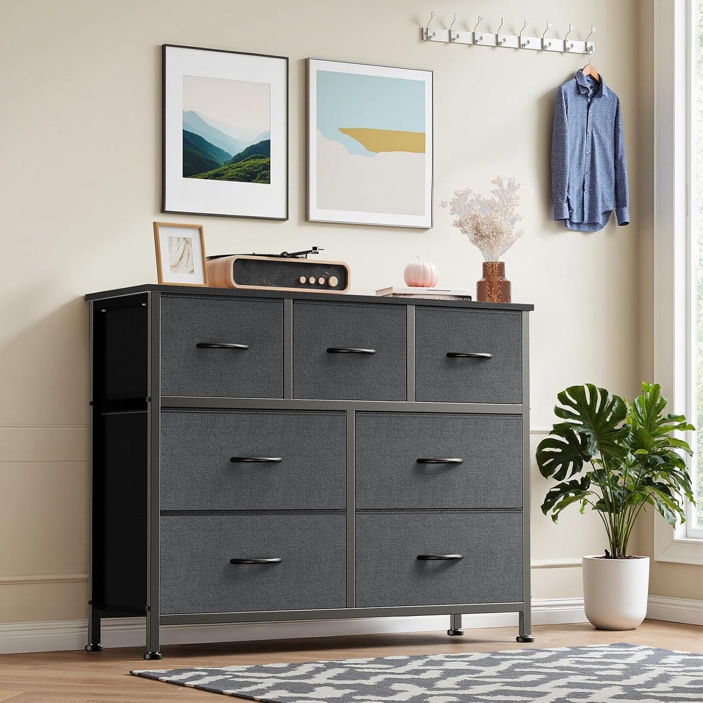 DUMOS TV Stand Dresser with 7 Fabric Drawers, Multifunctional Storage Organizer for Living Room Bedroom Closet, Entertainment Center Cabinet Chest Modern Furniture for Clothing,Charcoal Gray