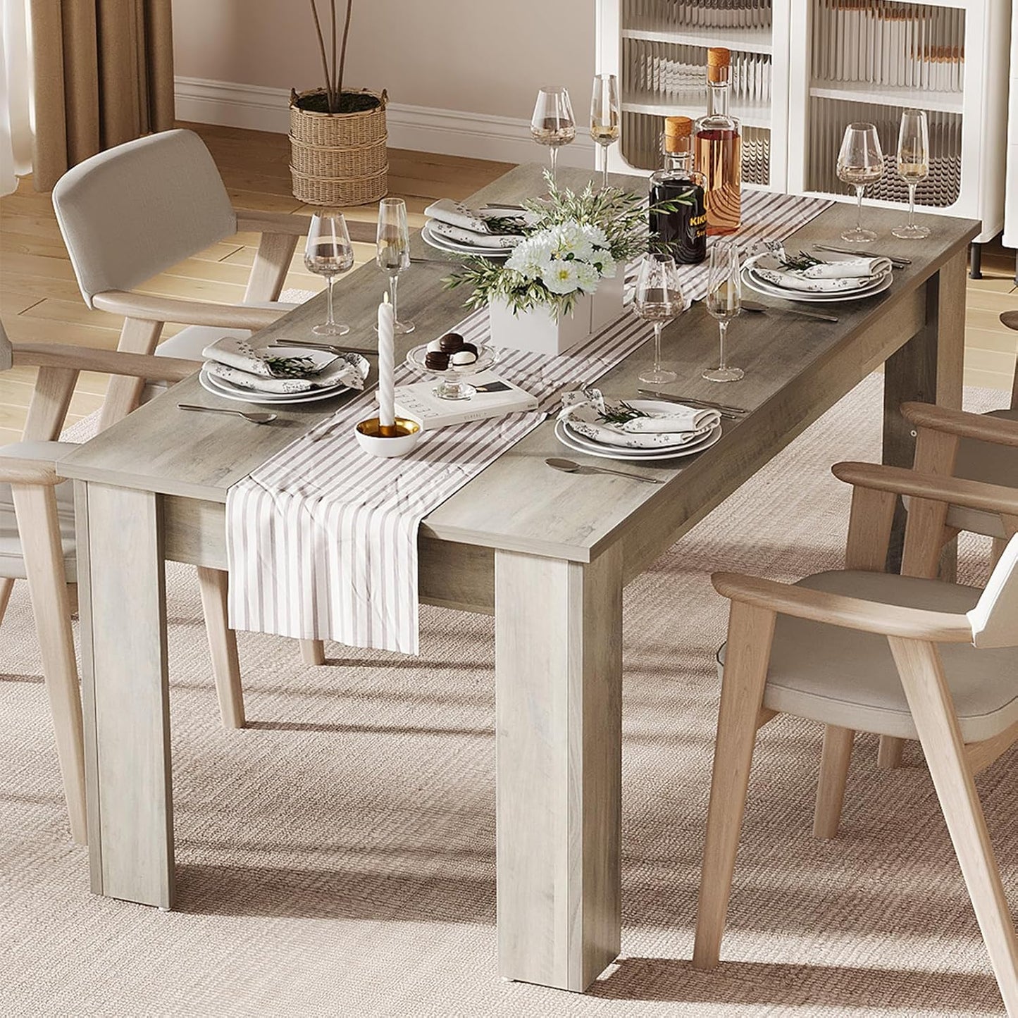 Dining Table for 4-6, 63" Wood Farmhouse Large Kitchen Table with Strong 4 Triangle Legs, Rectangular Dining Room Dinner Table with Sturdy Extra Support for Kitchen, Apartment, Retro Gray