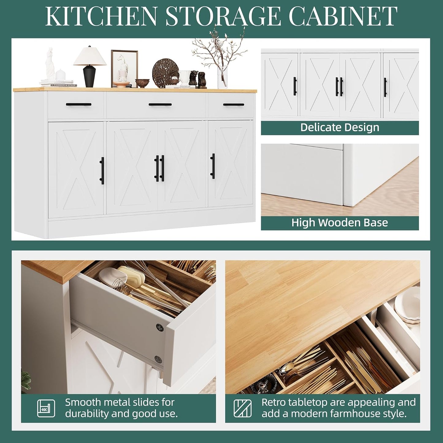 Shintenchi Sideboard Buffet Cabinet with Storage,53.4" Large Kitchen Buffet Storage Cabinet with 3 Drawers and 4 Doors,Wood Farmhouse Sideboard with Adjustable Shelf for Kitchen, Living Room,White