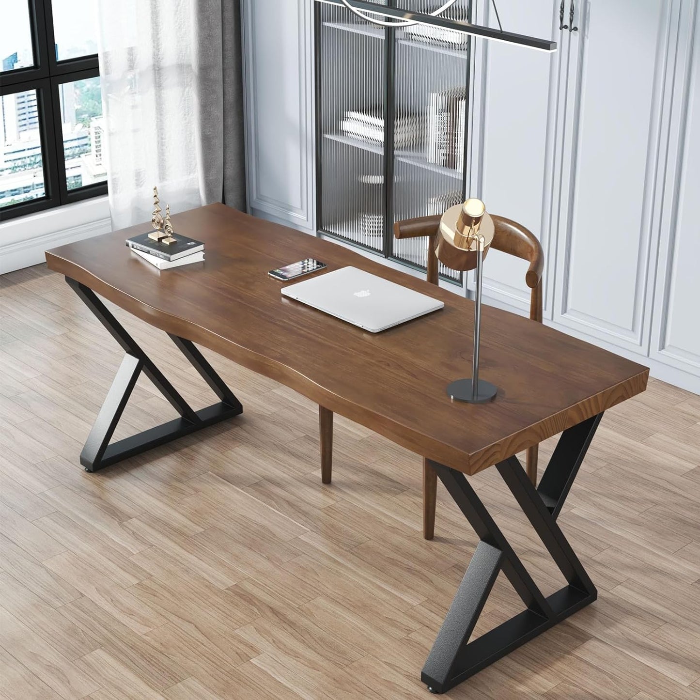 Solid Wood Desk 55 inches Wide Home Office Desk,Metal Modern Industrial Writing Table, Workstation, Perfect Table for Your workspace Study Table Furniture in Rustic Natural Aged Brown