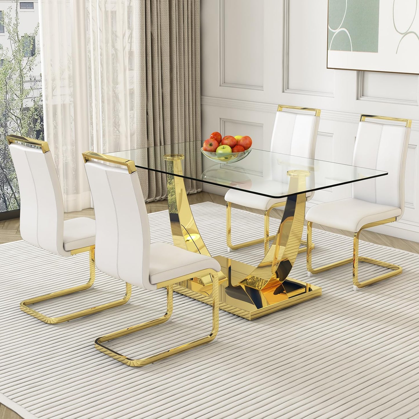 Modern Dining Chairs Set of 4,High Back White Kitchen Chairs,Faux Leather Side Chair with Gold Plated Metal Legs,Easy to Clean Upholstered Dining Chairs,Ideal for Living Room(Gold Leg)