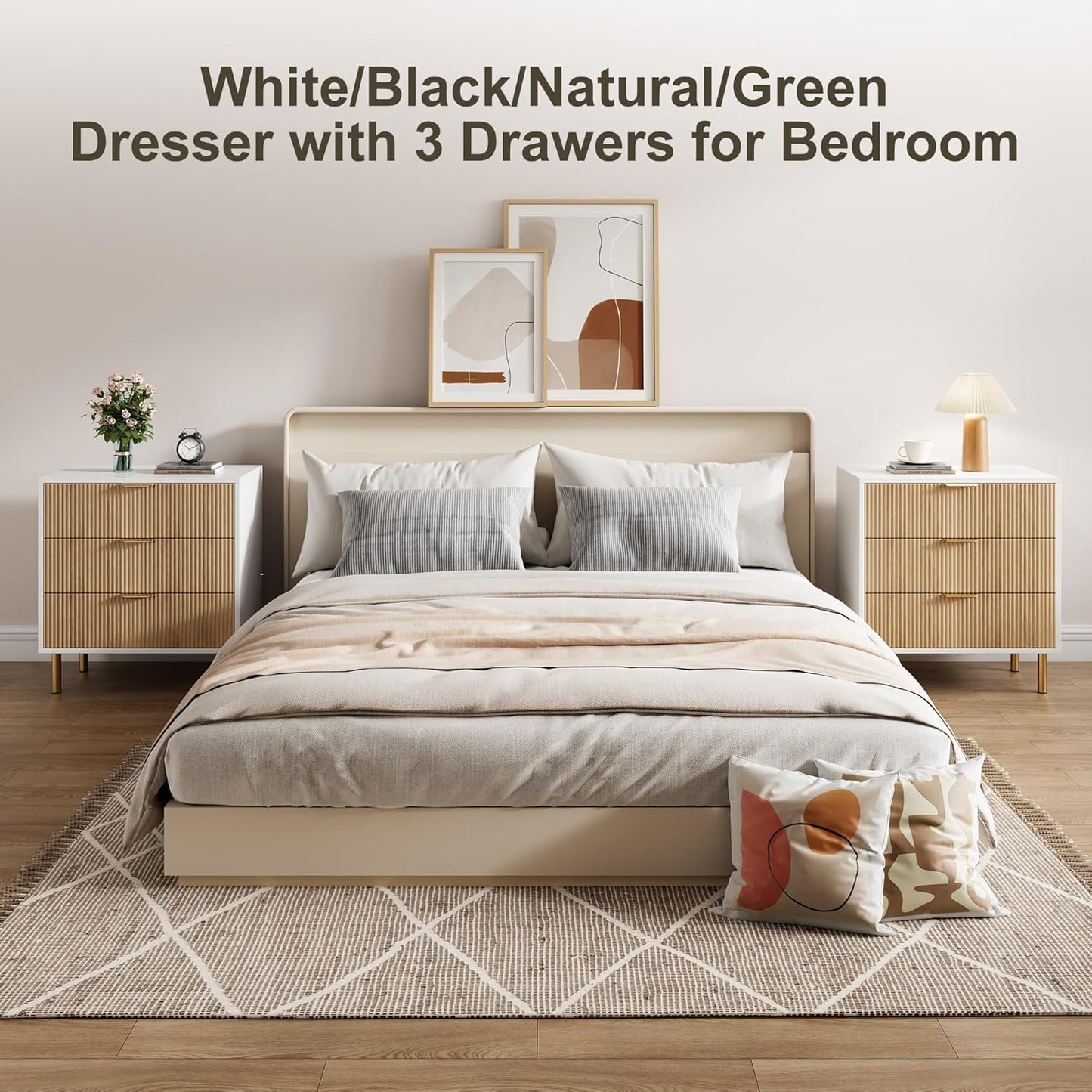 GarveeHome Natural Dresser, Modern 3 Drawer Dresser for Bedroom with Gold Handle and Large Drawer, Wood Double Chest of Drawers and Storage Organizer for Living Room, Hallway, Entryway