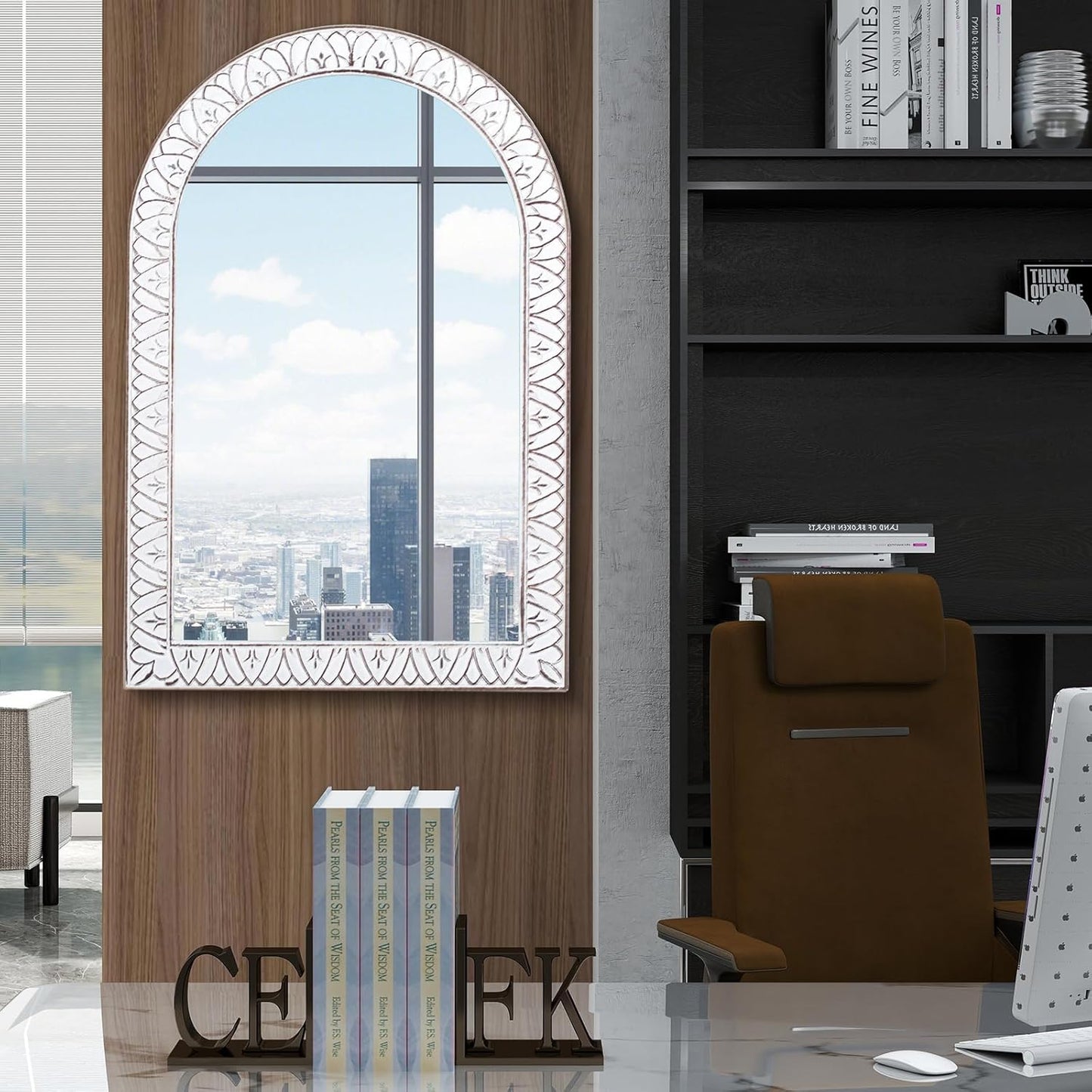 36x24 Inch Arched Wall Mirror with Wooden Frame, Rustic Farmhouse Decorative Arch Mirrors for Bathroom, Bedroom, Living Room, Entryway & Kitchen