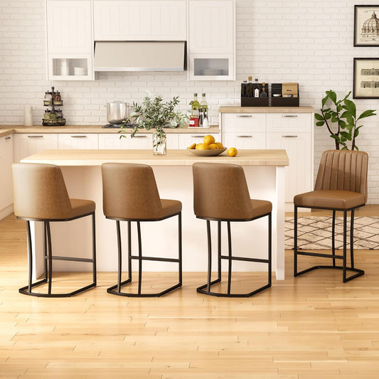 Bar Stools Set of 4, Faux Leather Counter Height Barstools, Upholstered Kitchen Counter Stools with Back and Stitching, 25.6" H Kitchen Island Stools Bar Chair, Metal Framed, Whisky Brown