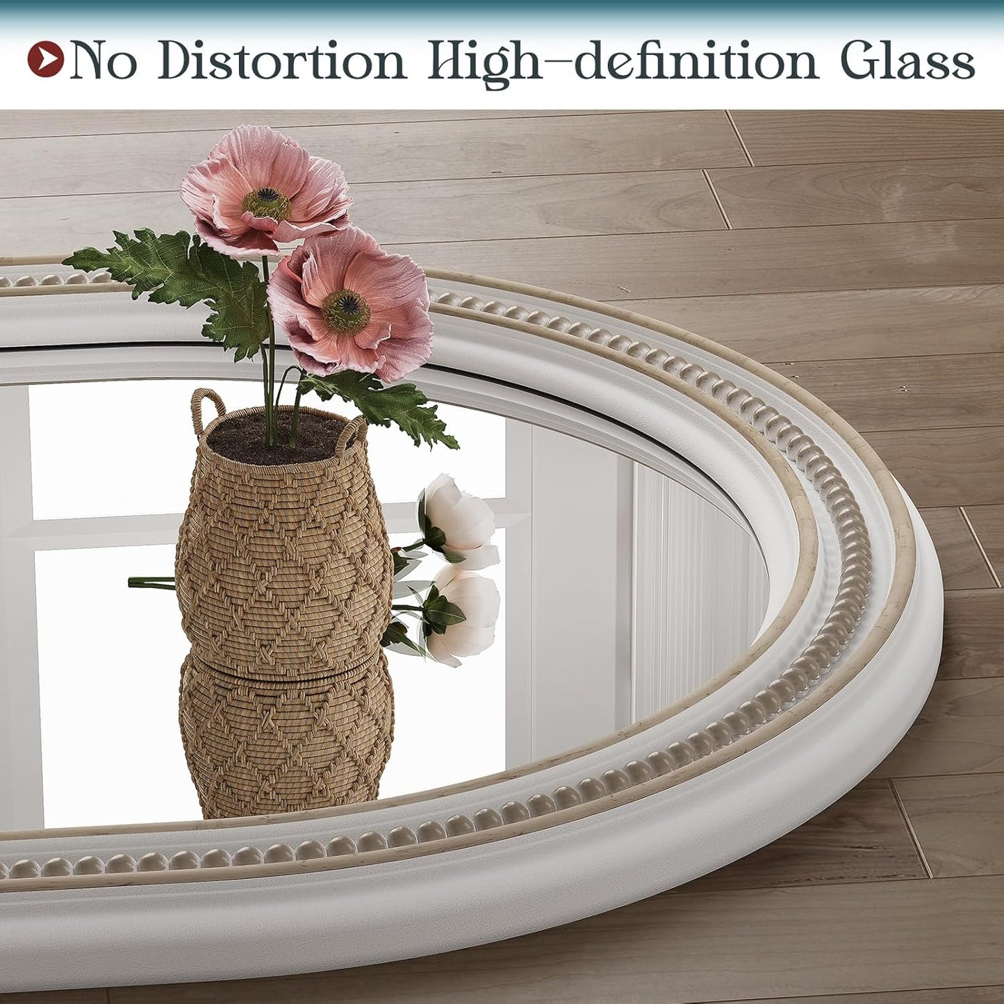 Boho Oval Mirror, 24" x 48" White Beaded Tall Farmhouse Mirrors Antique Oval Bathroom, Wooden Rustic Decorative Mirror for Wall, Bedroom, Dining Room, Hallway