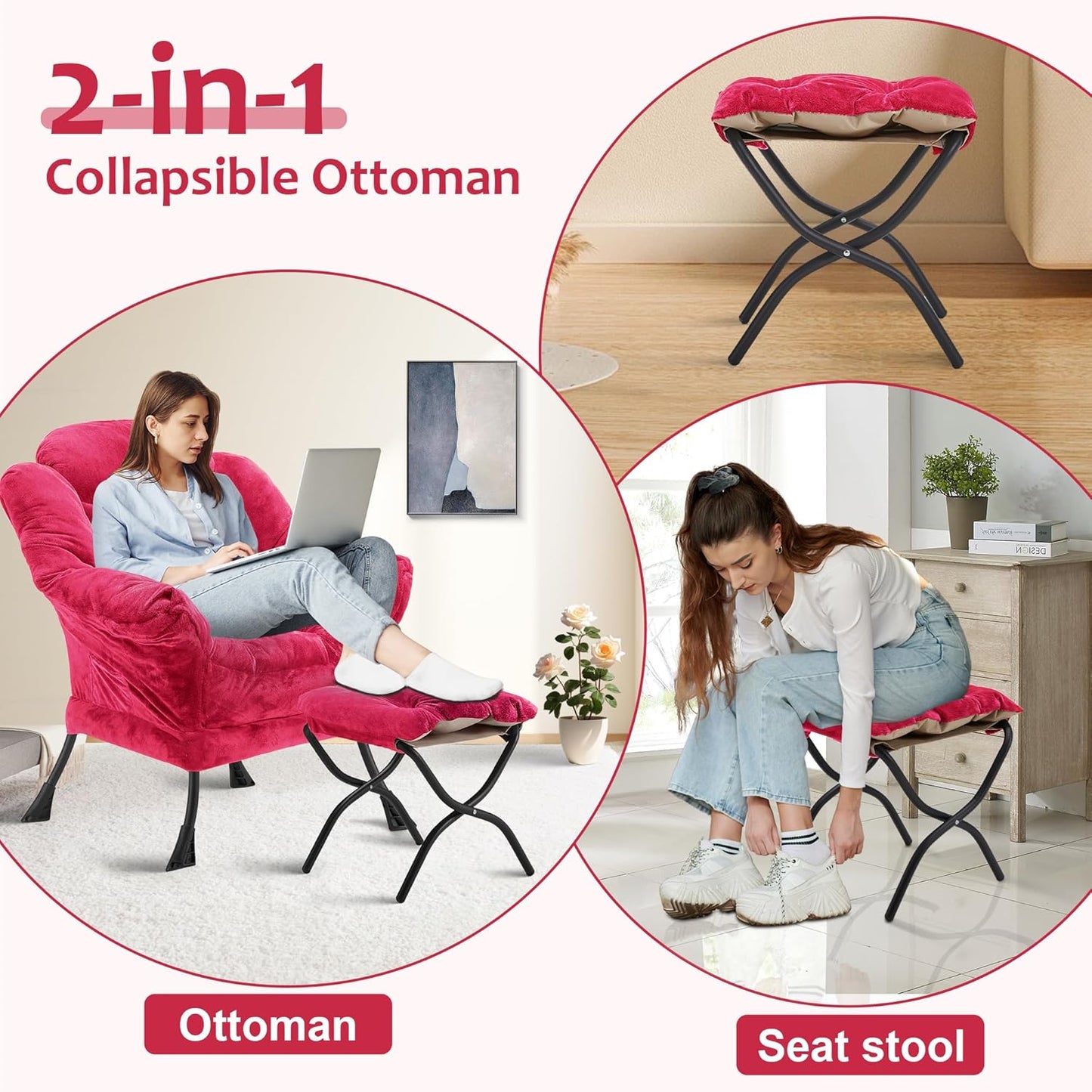 Fabric Lazy Chair with Ottoman, Oversized Upholstered Sofa Chair for Adults, Plush Comfy Lounge Chair with Large Side Storage Pocket, Reading Chair for Living Room, Bedroom, Office, Rose Red