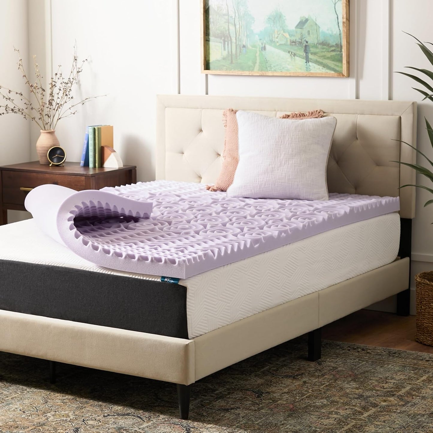 LUCID 3 Inch 5 Lavender Memory Foam Plush-Calming Targeted Convoluted Comfort Zones Mattress Topper, Queen