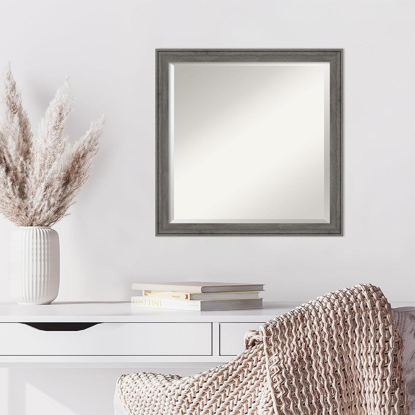 Amanti Art Grey Wall Mirror 23x23 Regis Barnwood Grey Narrow Square Bathroom Mirror for Wall Decor Living Room, Medium Rustic Farmhouse Wood Frame, Hangs Horizonally and Vertically, Bathroom Decor