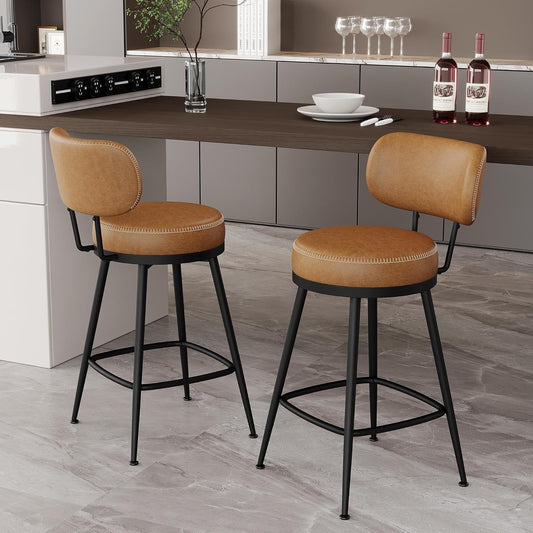 Counter Height Bar Stools, 26" H Swivel Barstools Set of 2, Faux Leather Kitchen Counter Stools with Back and Stylish Stitching, Metal Frame, Pub, Home Bar, Whisky Brown