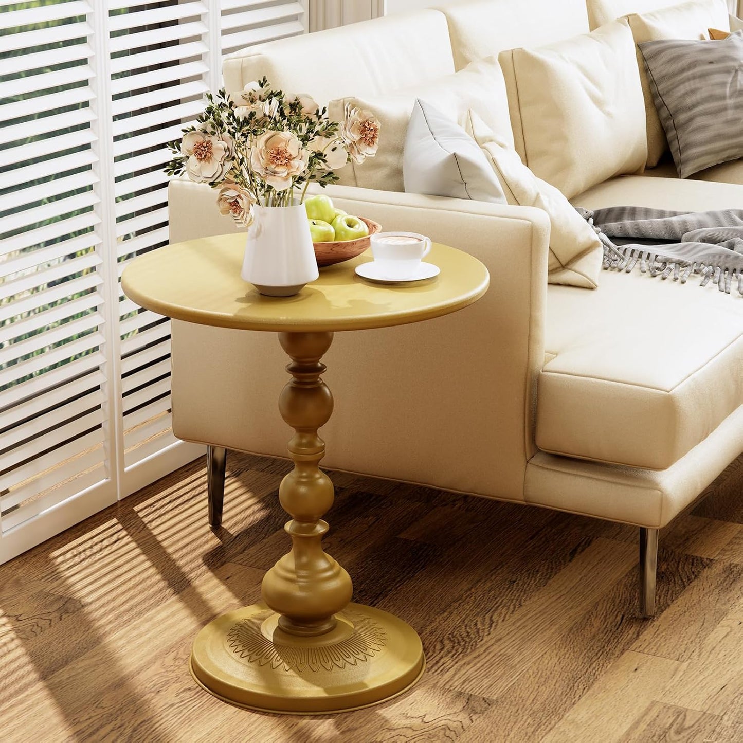 XIV Metal Small Round Side End Table, Vintage Matte Coffee Drink Cocktail Table, Accent Pedestal Table for Living Room Corners and Small Spaces, 21” Height (Gold)