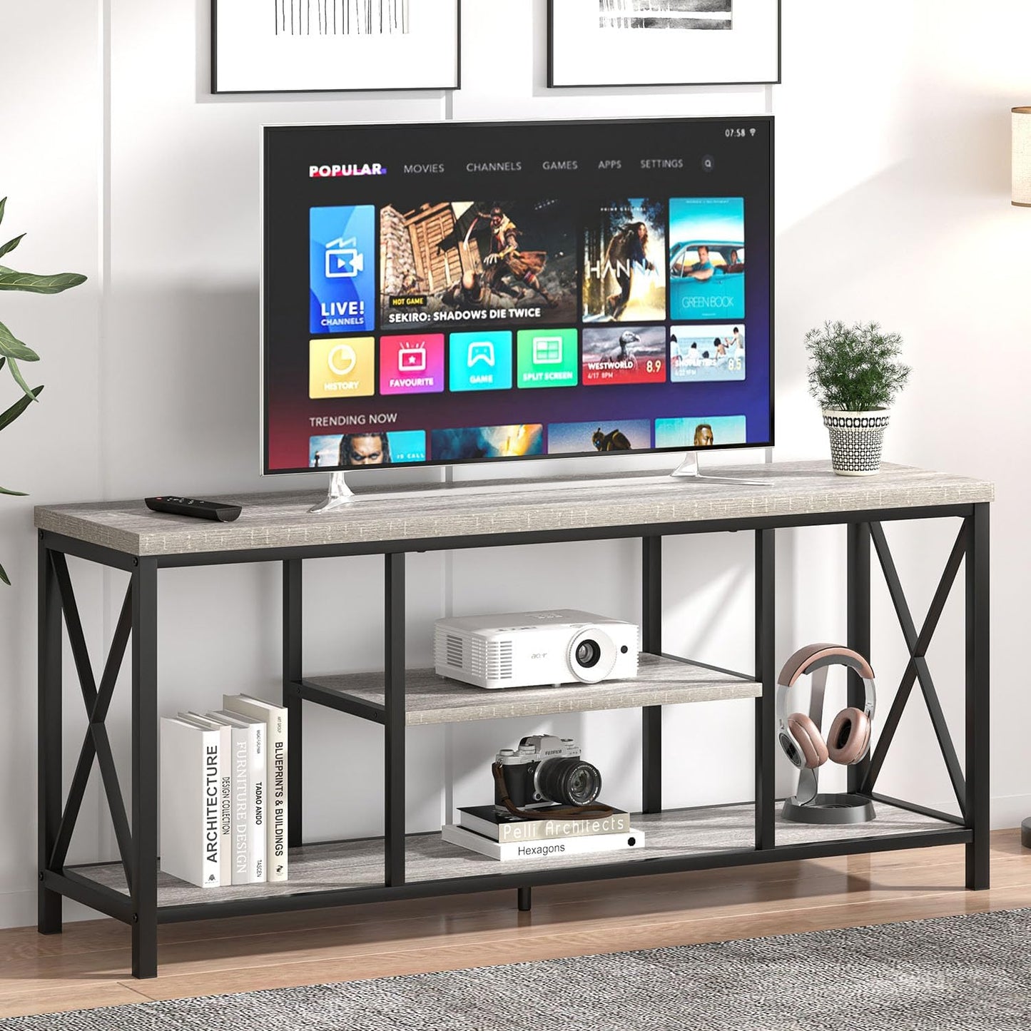 FOLUBAN Modern TV Stand for TV up to 65 Inch, Rustic Wood Entertainment Center with Storage Shelves, Industrial Media TV Console for Living Room, Farmhouse TV Table for Bedroom, 55 Inch Light Grey