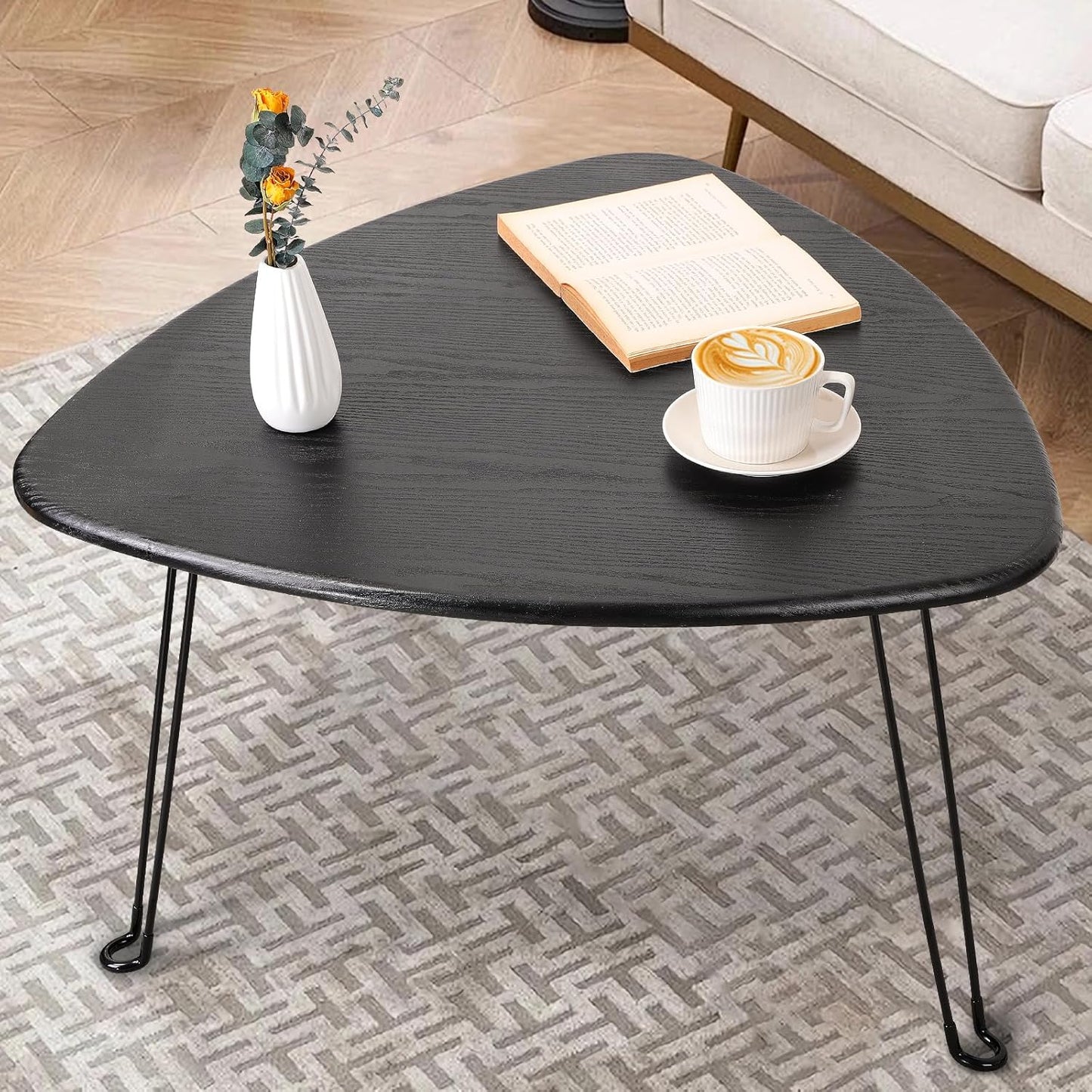 Black Folding Coffee Table Wooden Triangle Floor Table Desk for Sitting on The Floor Coffee Tables Small Oval Coffee Table Mid Century Modern Center Sofa Table for Living Room Home Office