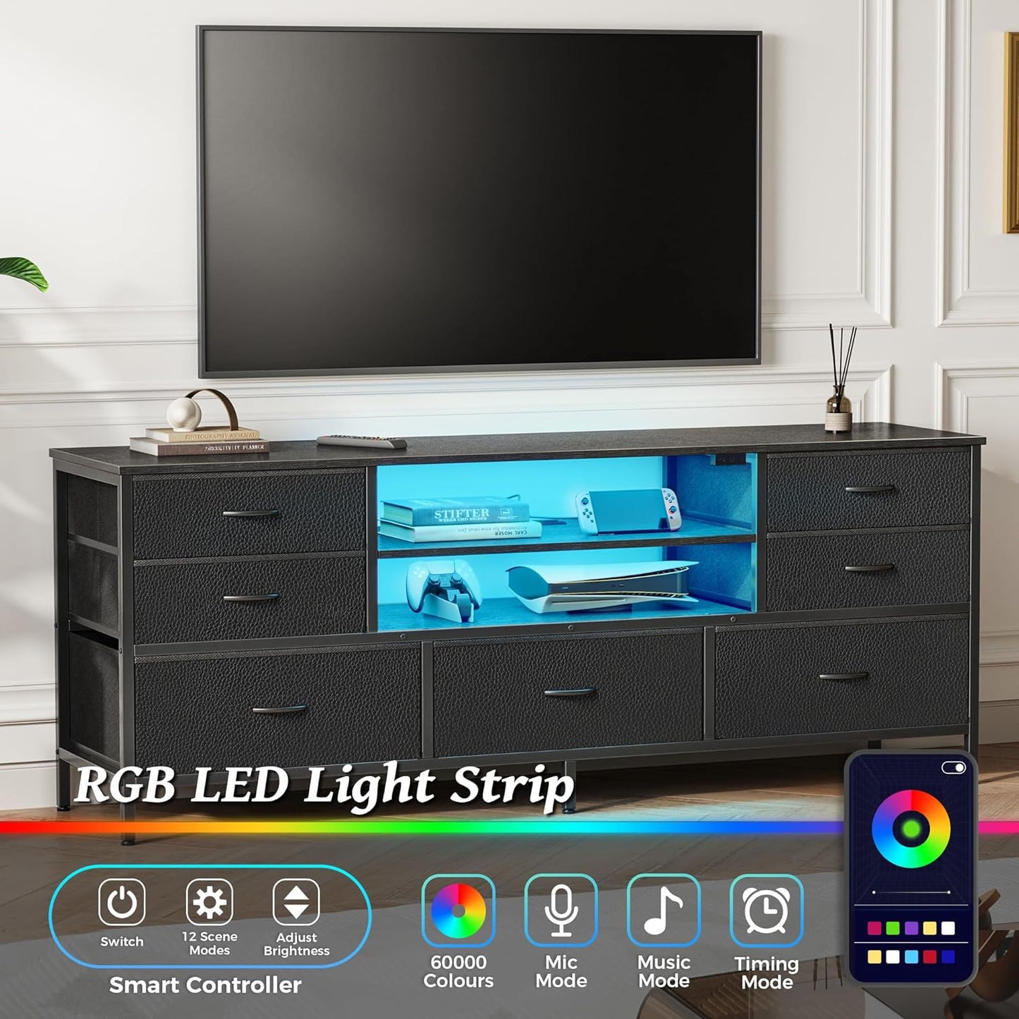 Huuger Dresser for Bedroom With Power Outlets and LED Lights, 7 Drawers TV Stand for 60 Inch TV, Console With Open Shelf, 55 Inches Wide Black, PU Leather